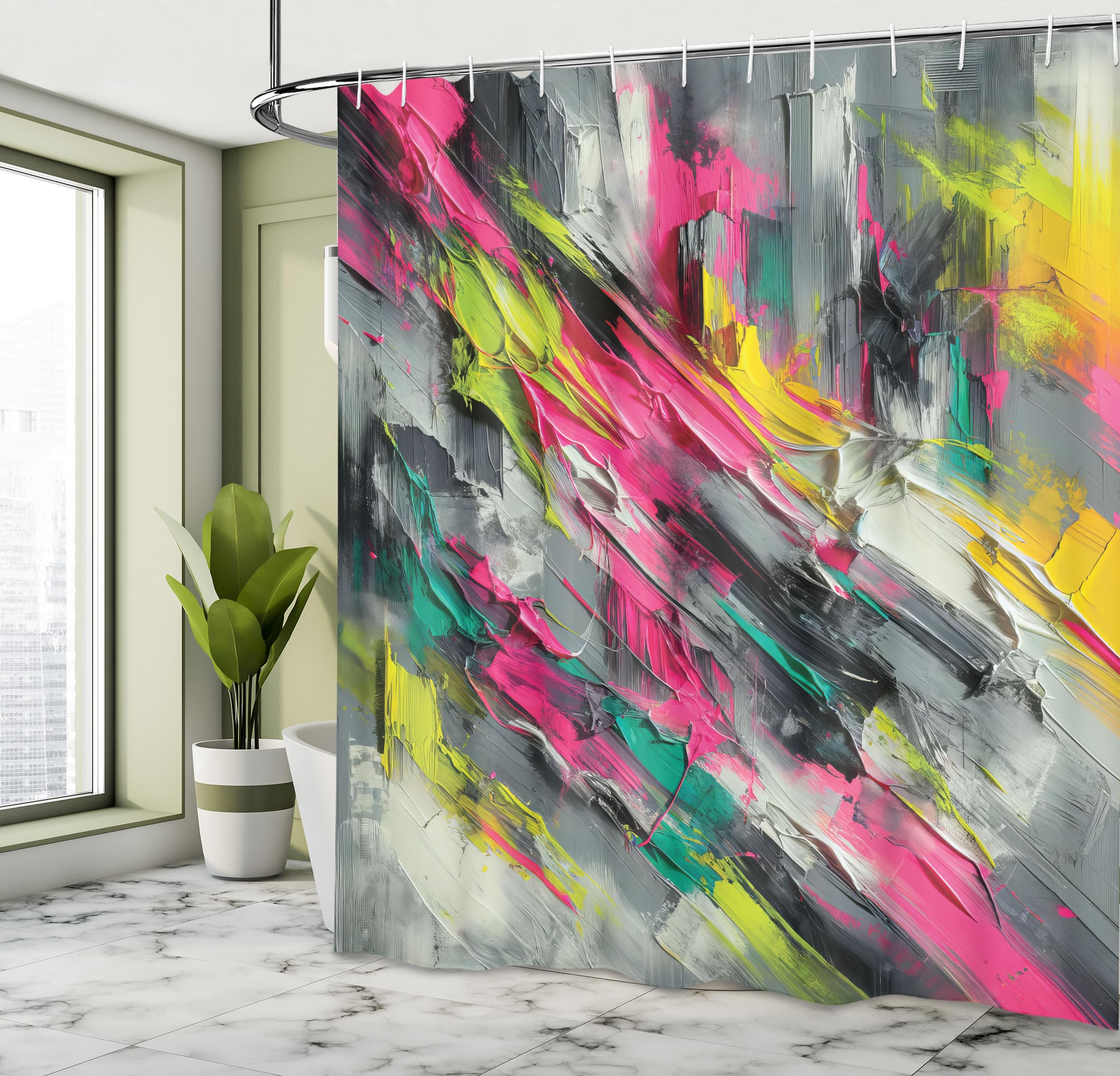Ambesonne Colorful Shower Curtain, Futurist Painting Theme Abstract Brush Strokes Modern Grunge Details, Cloth Fabric Bathroom D